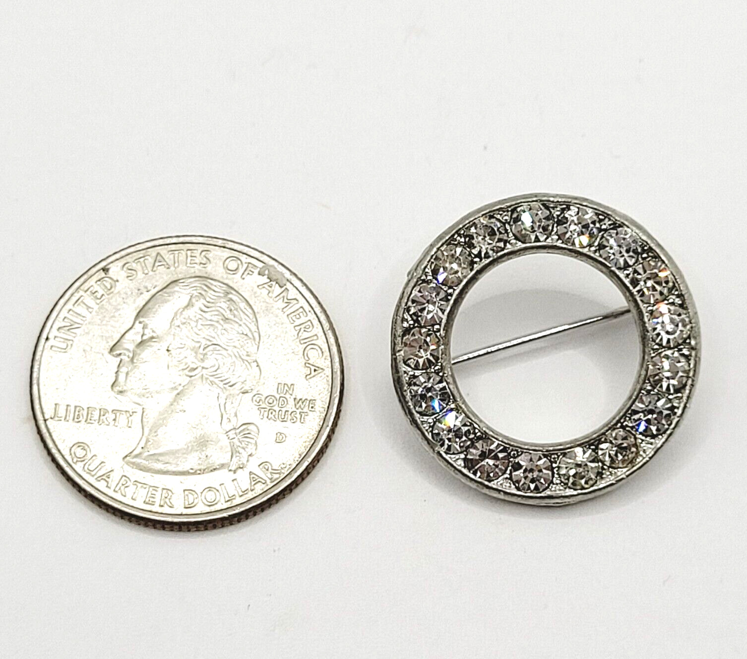 Sparkly Rhinestone Ring Circle Silver Tone Scatter Scarf Brooch Pin Vtg 1970s