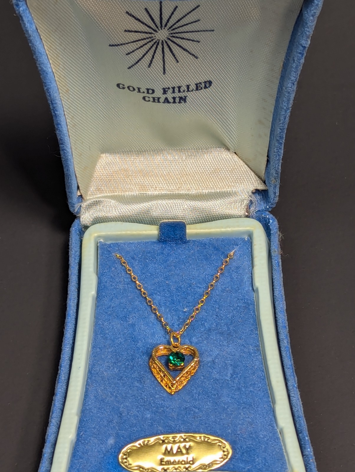 Vintage Gold Filled Chain Necklace 16″ Emerald Filigree Heart Pendant May