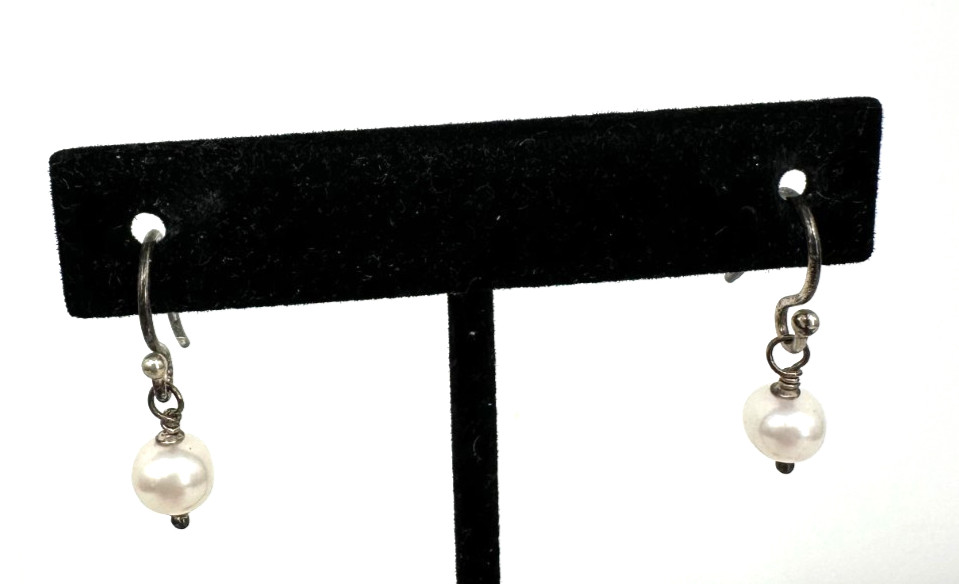 Vintage Faux Pearl Drop Earrings Silver Tone Minimalist Dangle Classic Small