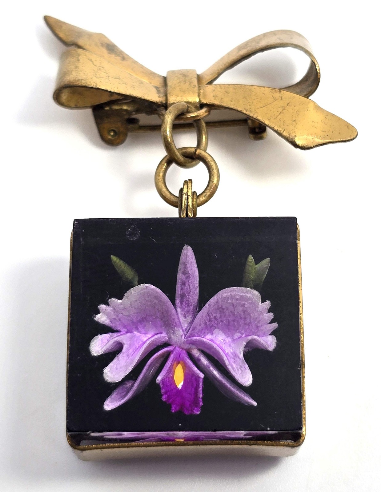 Purple cattleya orchid Lucite reverse carved painted flower vintage brooch