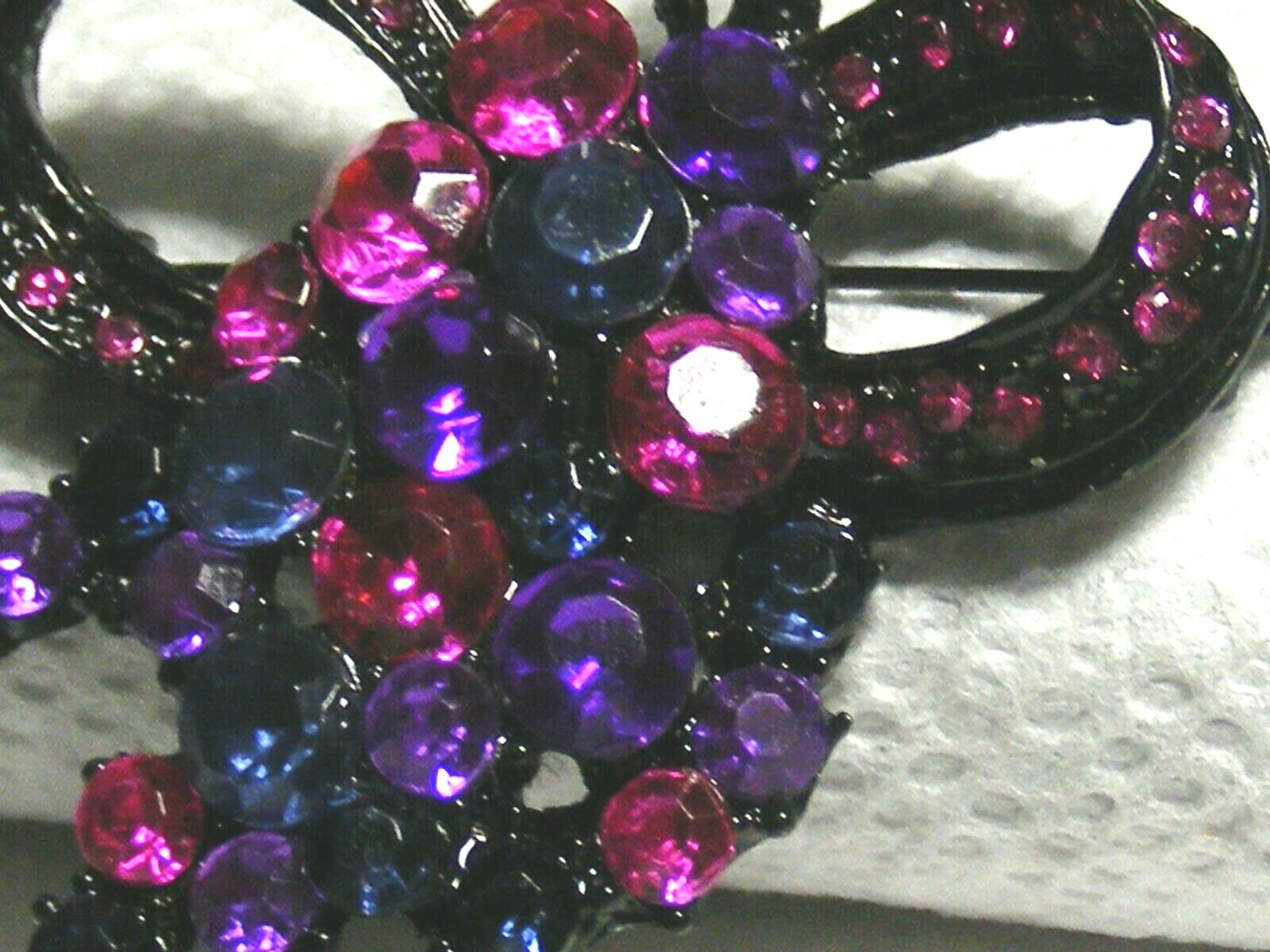Vtg. Black Metal Pink, Purple And Blue Rhinestone Brooch