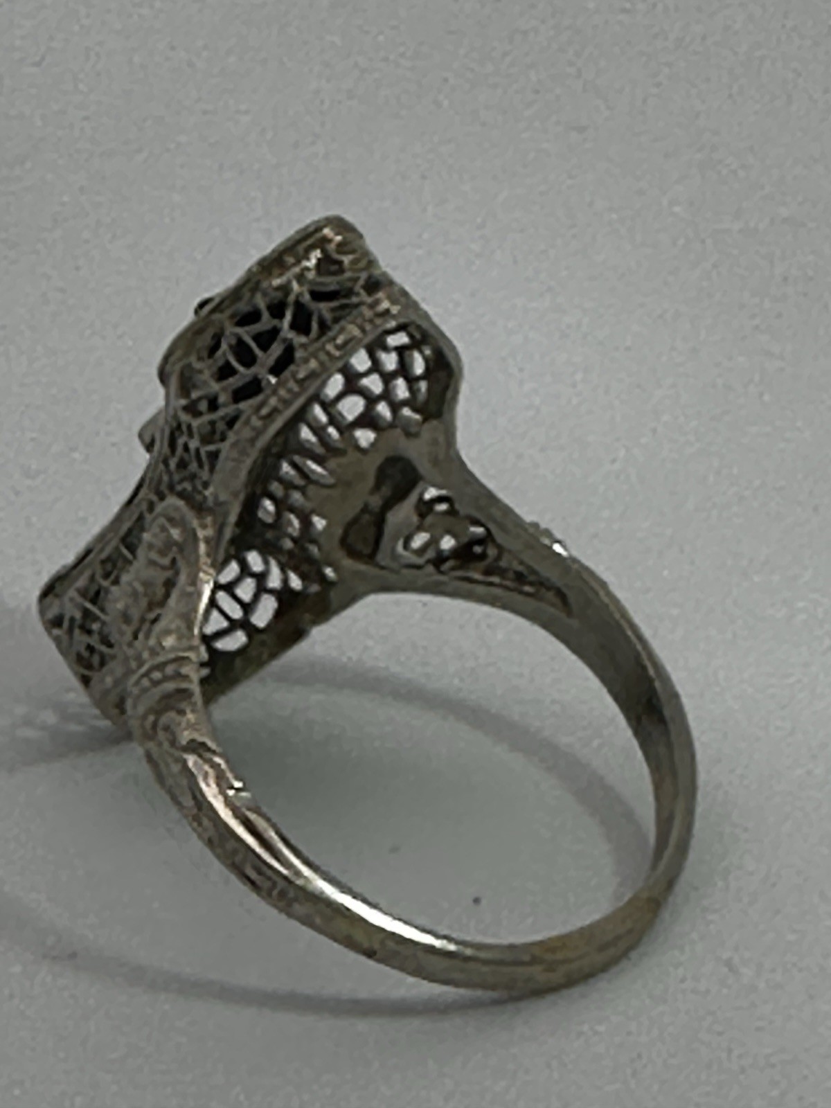 Vintage 14k White Gold Estate Onyx Diamond Ring Filigree Art Deco