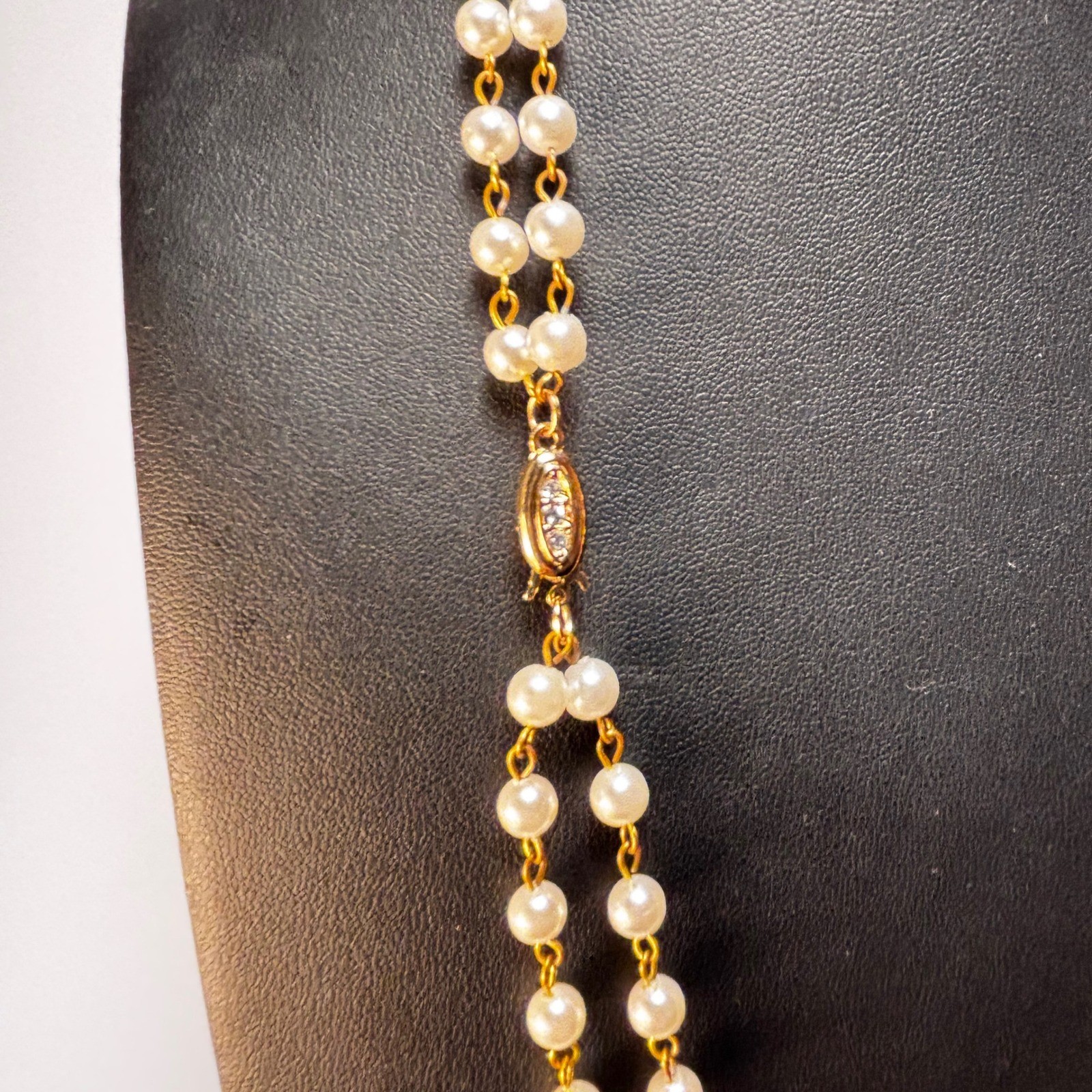 Vintage Necklace Gold Tone Double Strand Faux Pearl Gorgeous Rhinstone Clasp