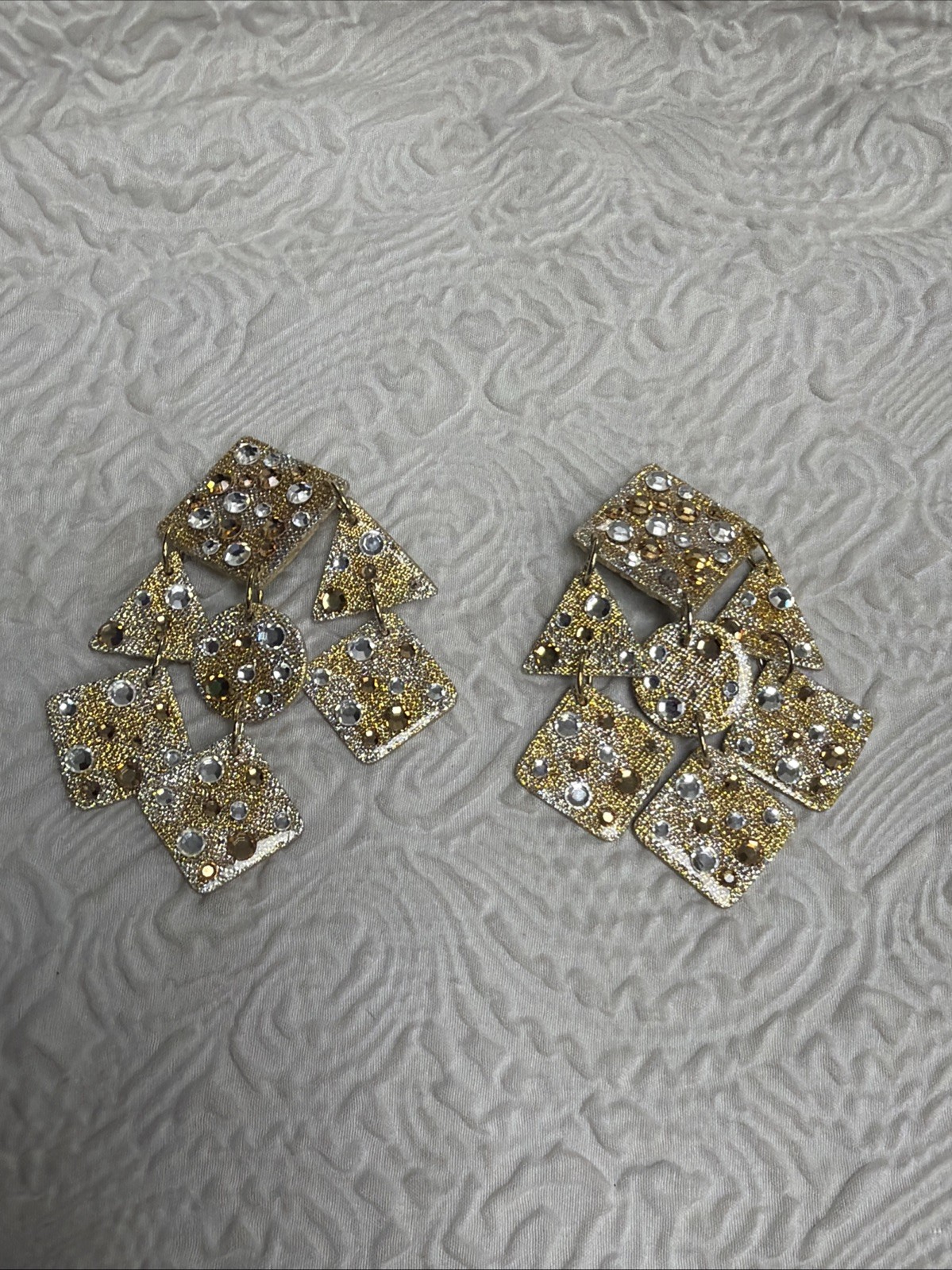 Vintage 1980s (2) MAM Retro Style Glitzy Chimes Clip Dangle Earrings Geometric