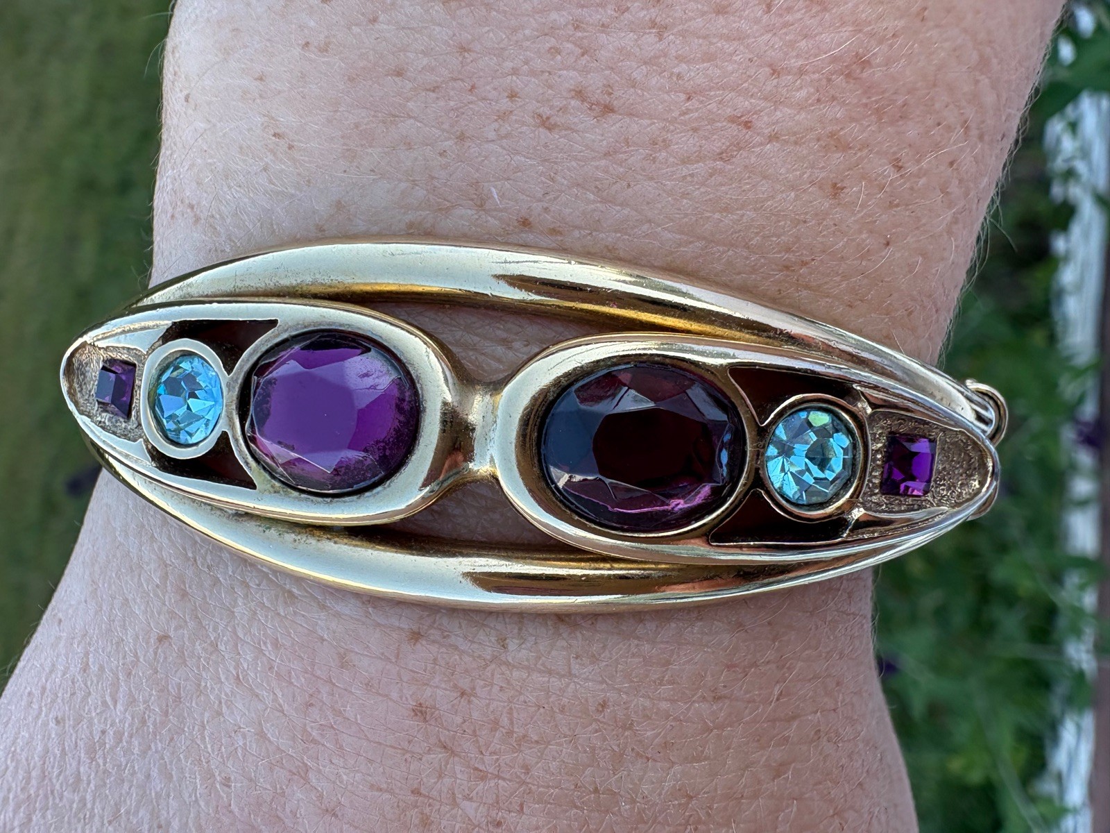 Vintage Clamper Bracelet Gold Tone, Purple And Blue Stones