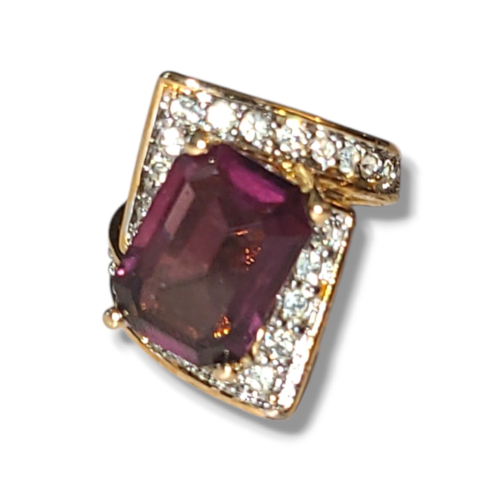 Vintage 18K HGE CZ Cocktail Ring Emerald Cut Purple Crystal Gold Statement Sz 9