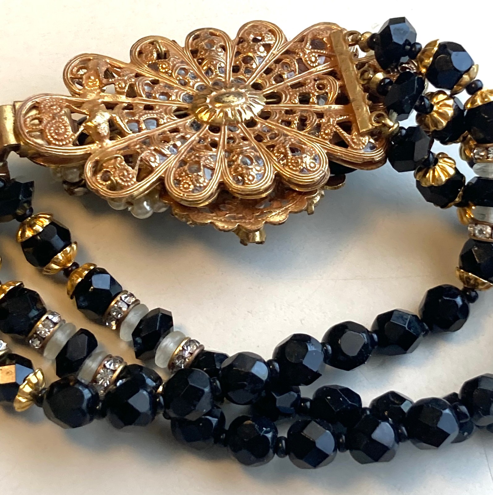 Vtg Unsigned Demario / Haskell 3 Strand Jet Black Glass Bracelet w Cluster Clasp