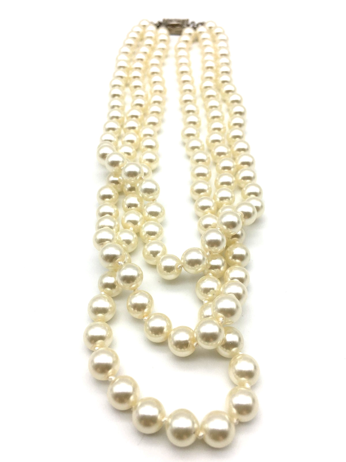 Vintage Cream Color Glass Pearls 3 Strand Hand Knot 15″ Necklace Pave Push Clasp