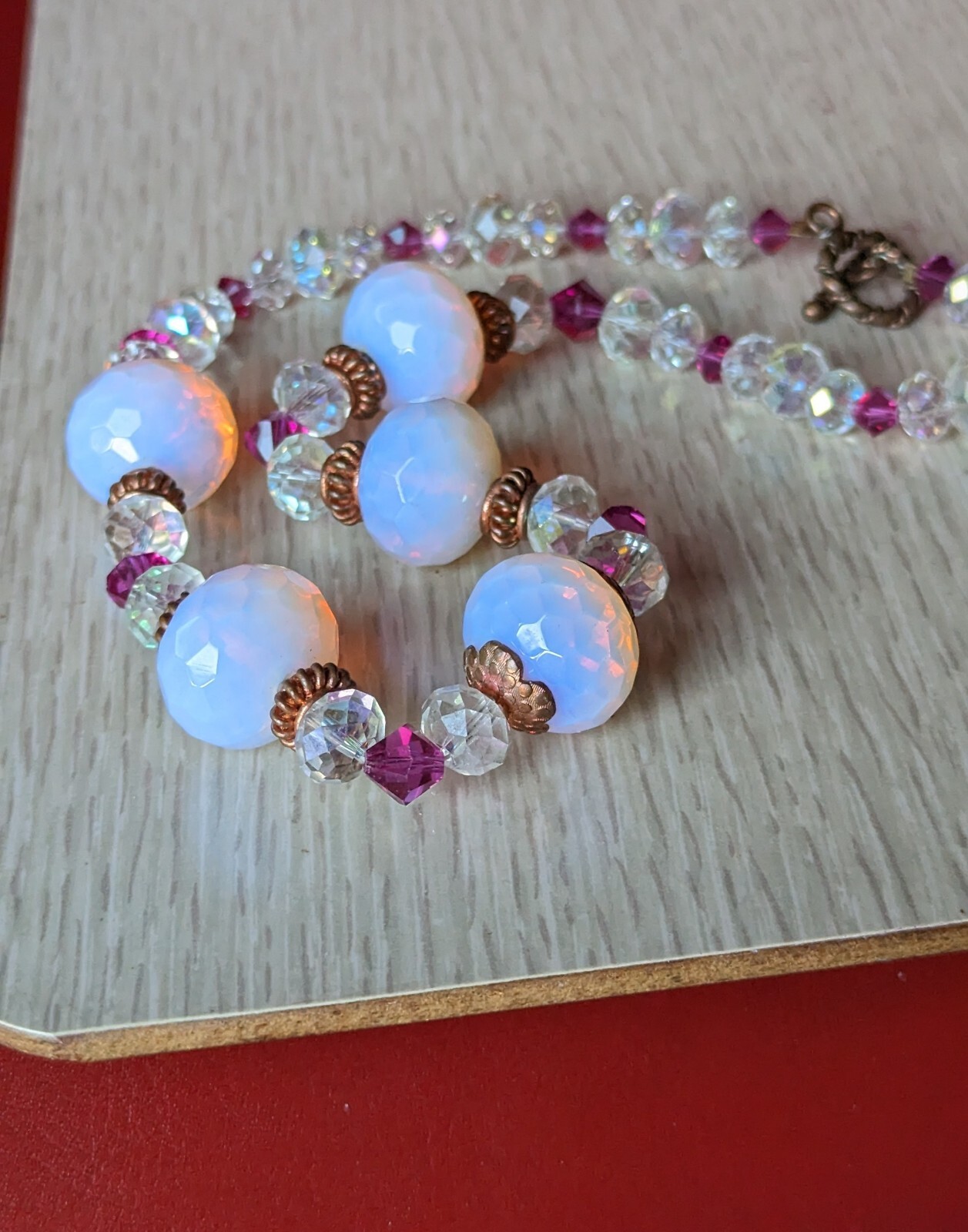 Stunning Artisan AURORA BOREALIS Glowing Milky PINK Bead 18″ NECKLACE