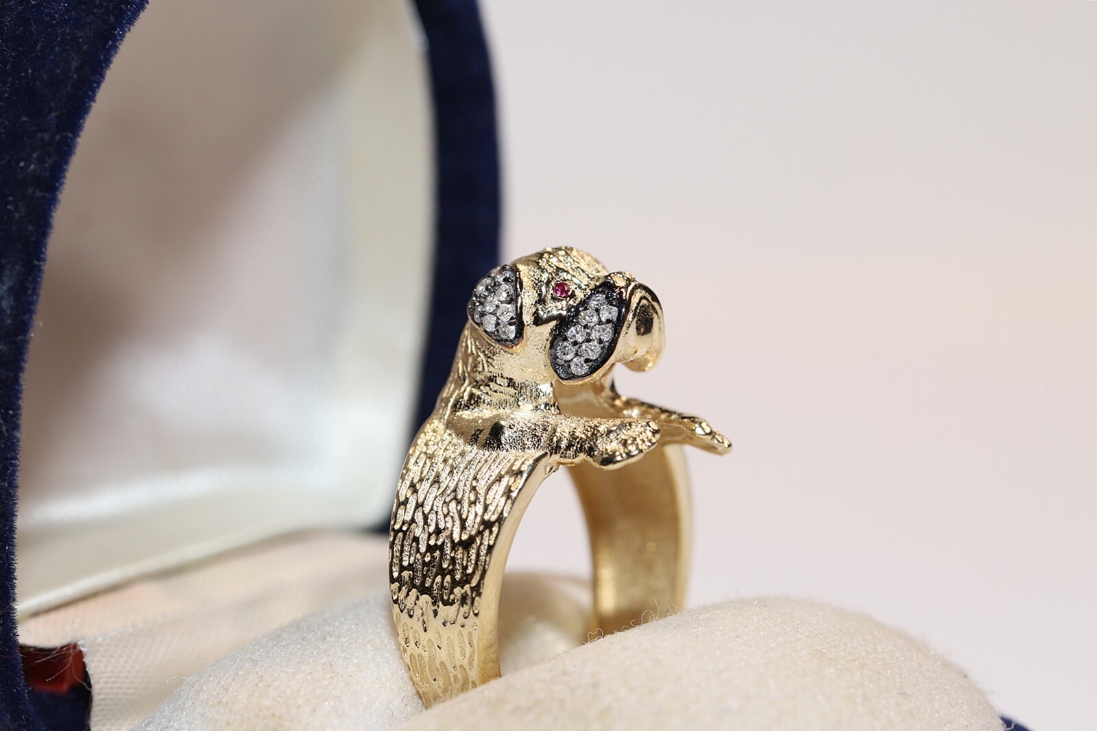 New Made 14k Gold Natural Diamond And Ruby Decorated Dog Ring