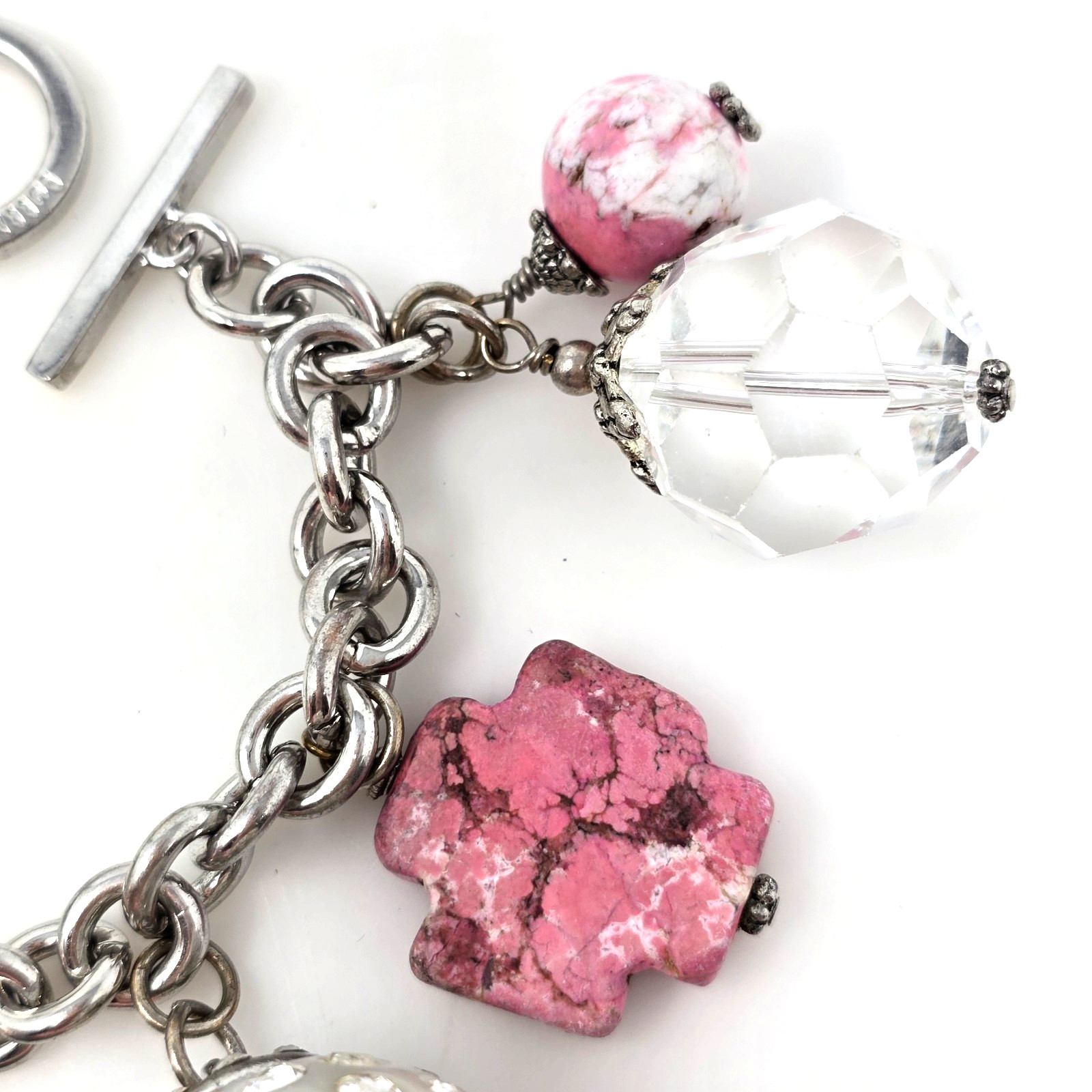 Vintage Tutti Frutti Beaded Charm Bracelet Silver Tone Stretch Heart Cross
