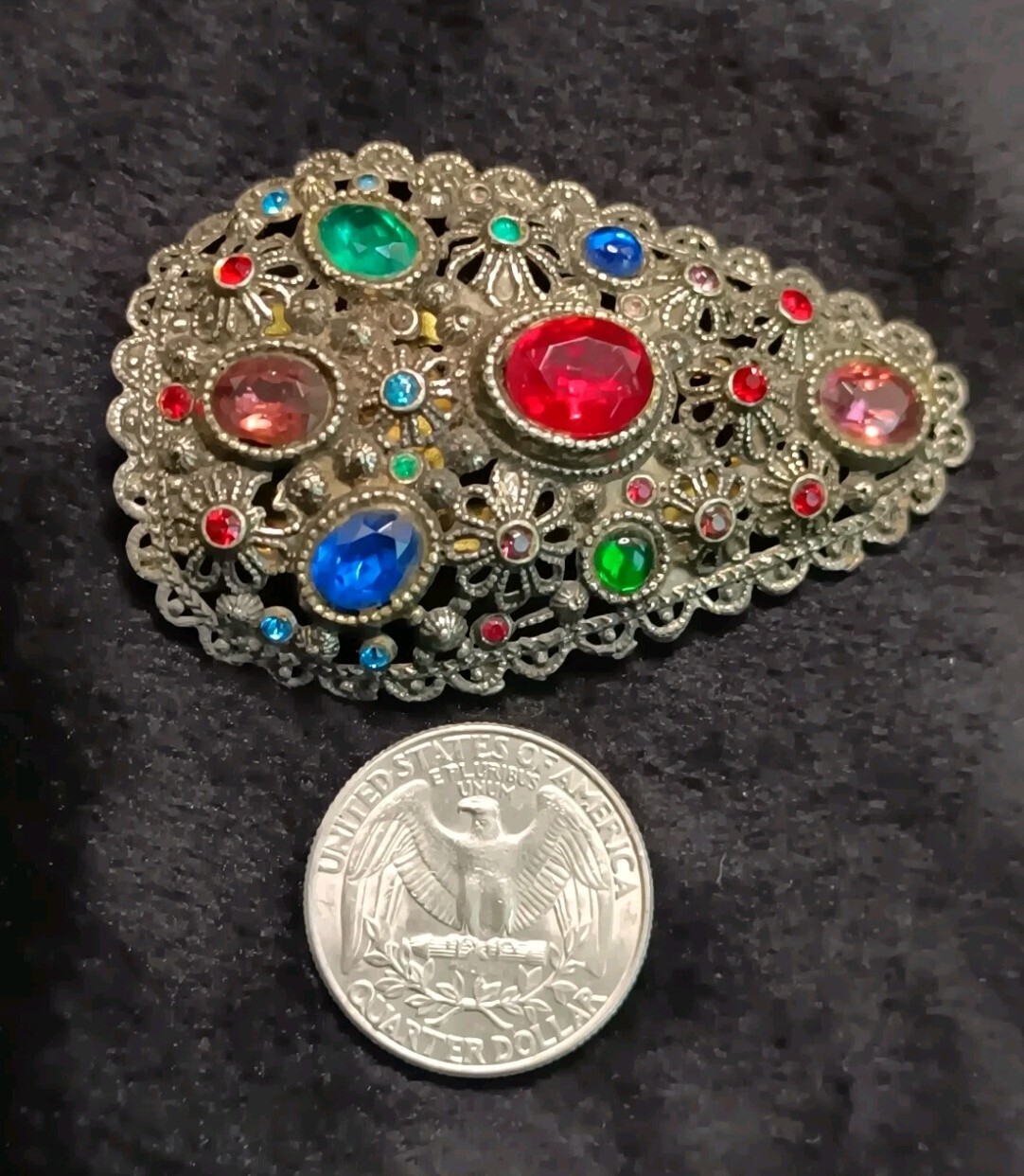 Vintage Filigree Dress Clip Signed NE (New England Glass Works) Multicolor Glass