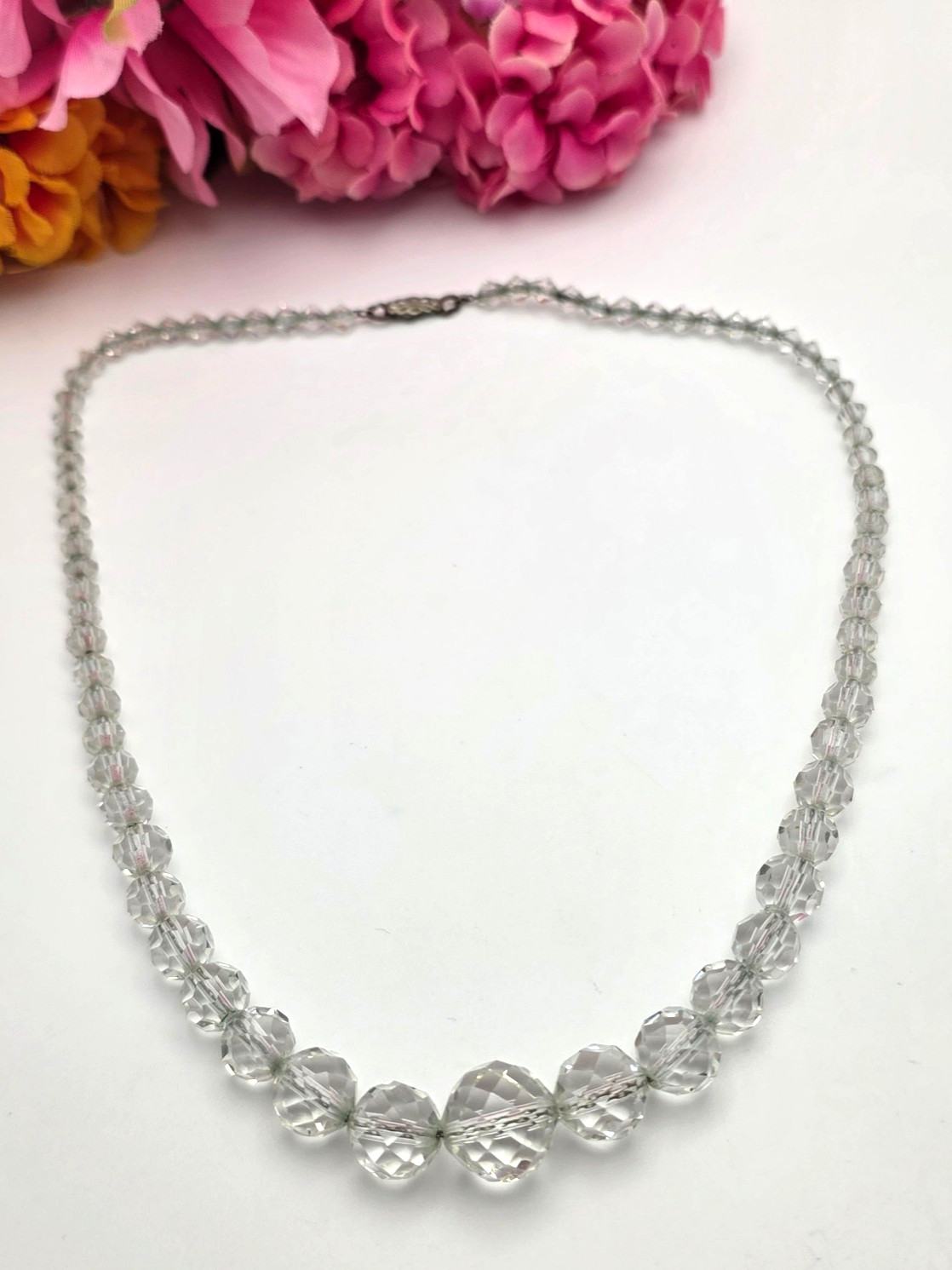 Vintage Clear Faceted Crystal Graduated Rondelle Necklace Silver Tone 18 In
