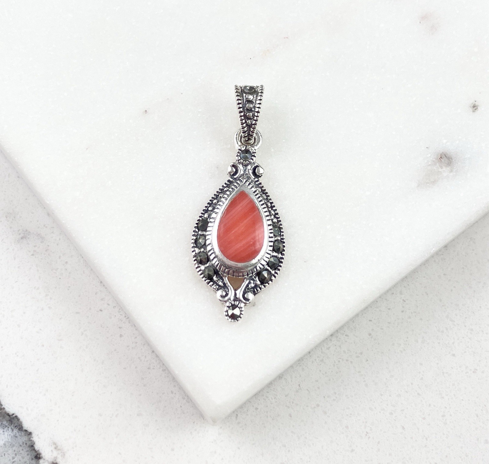 Vintage 925 Sterling Silver Pink Coral Deco Marcasite Teardrop Pendant