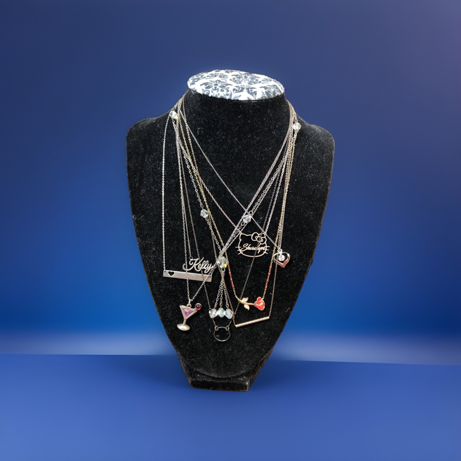 b56. 925 Sterling, GF, Mix material, Enamel, Glass, Stone 9 chain Necklaces 21g