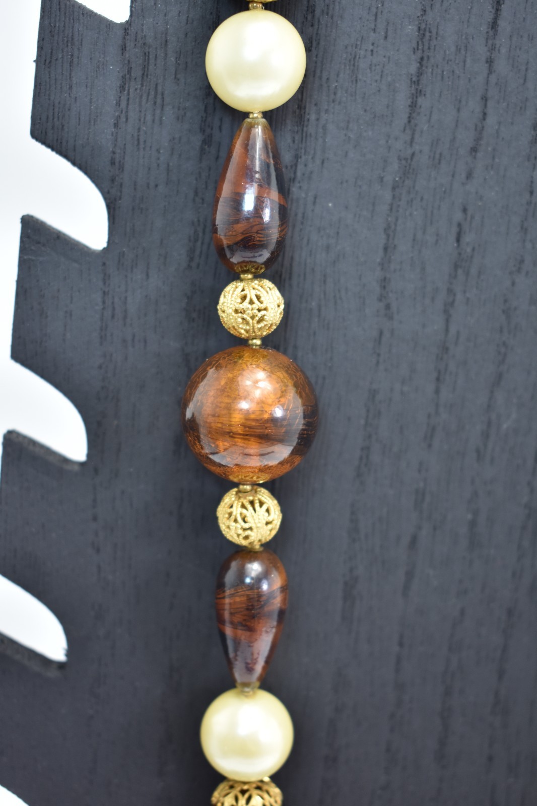 Vintage chunky brown and faux pearl beaded statement necklace with gold tone