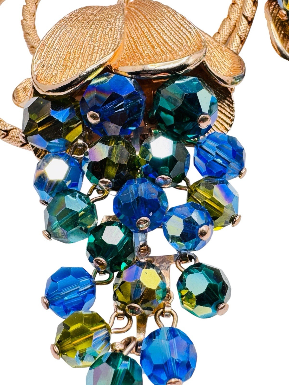 Vintage Schrager Blue Green AB Glass Dangle Bead Necklace Brooch Earrings Set