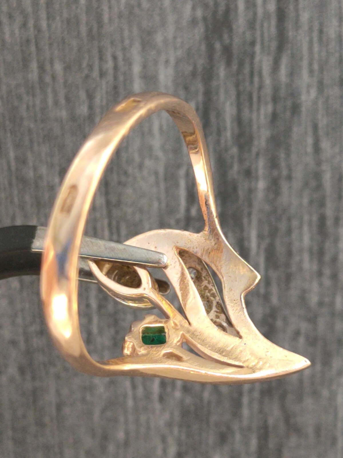 Vintage USSR Gold Ring 14K 585 Solid Rose Gold Emalard Stone
