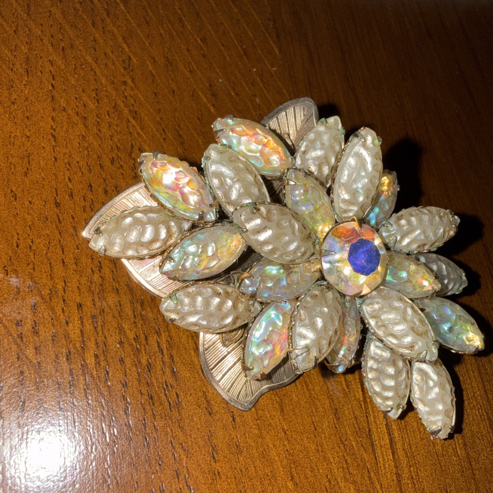 Vintage Iridescent Molded Glass Floral Brooch 1950s Amazing Glow. Czech Style