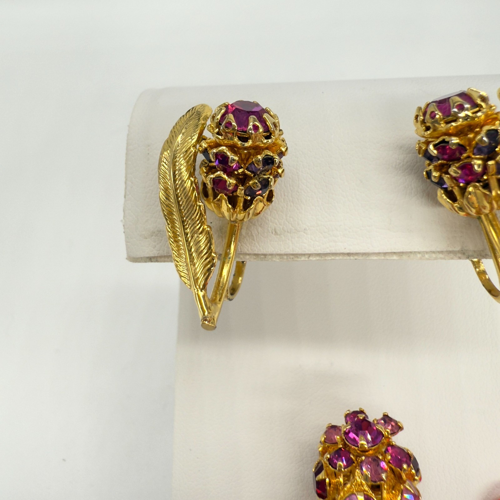Vintage Flower Brooch and Earring Set Pink Red Rhinestones Gold Tone Clip Ons