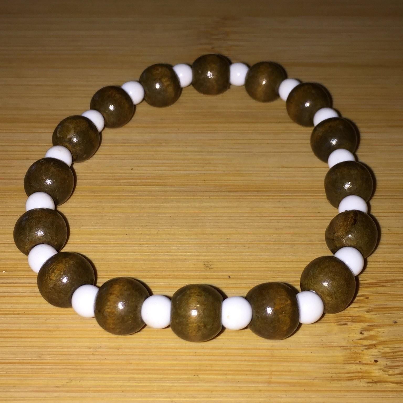 Vintage Wood & Acrylic Beaded Stretch Bracelet Brown White Boho Style