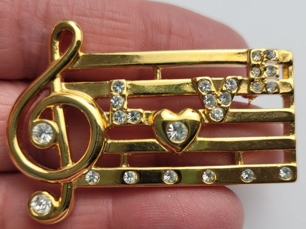 Musical Love Notes Gold Tone Rhinestone Brooch Signed Monet