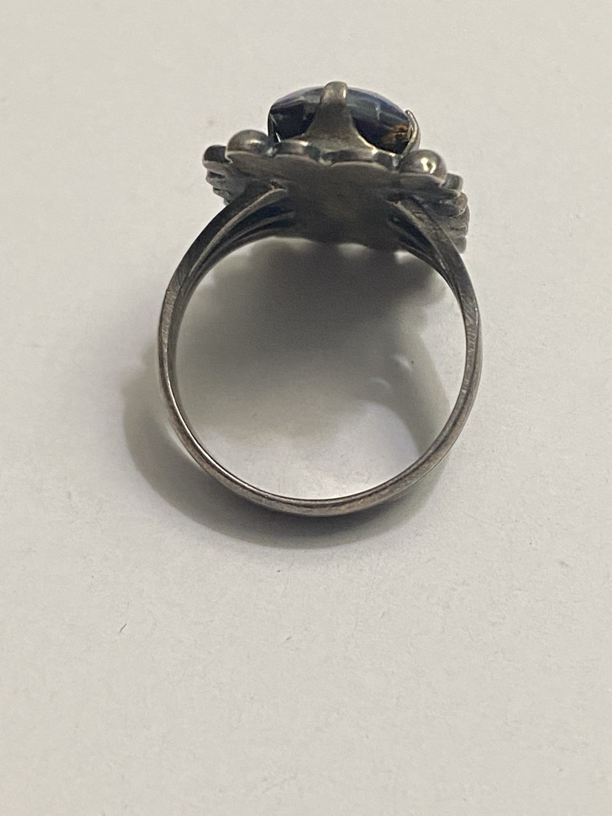 Vintage Mexico, Sterling and Foil Art Glass Ring Ladies Size 7 Blue And Amber