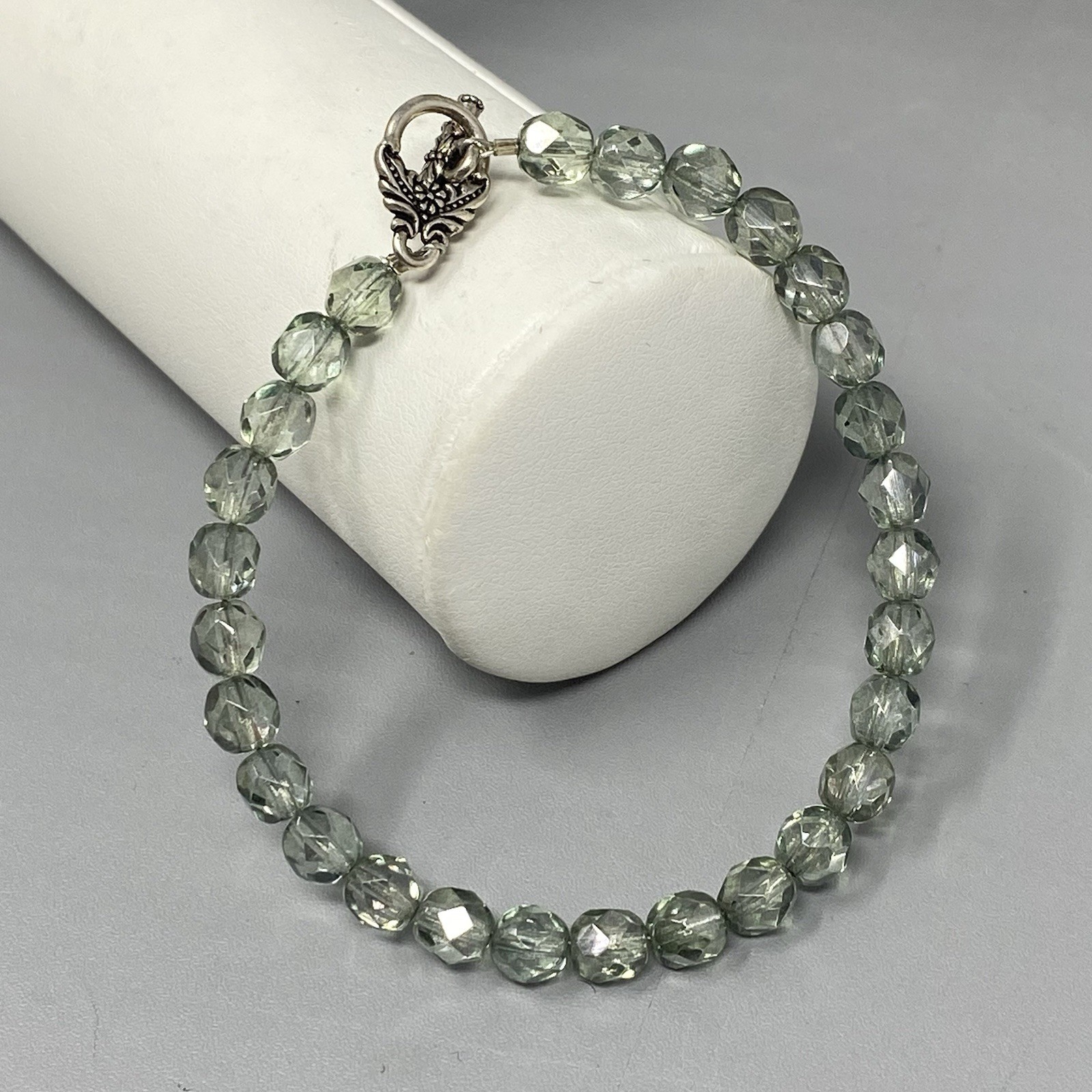 Green Hue Glass Beaded Bracelet Soft Facet Surface Coated Fire Polished 6.75″