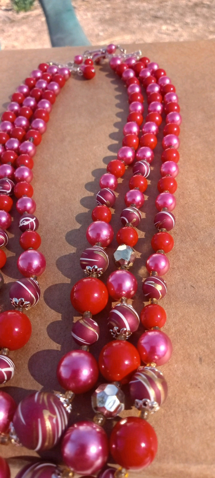 1950’s Japan 3 Strand 21″ Graduated Lucite Beads Necklace Red Purple Pink Signed
