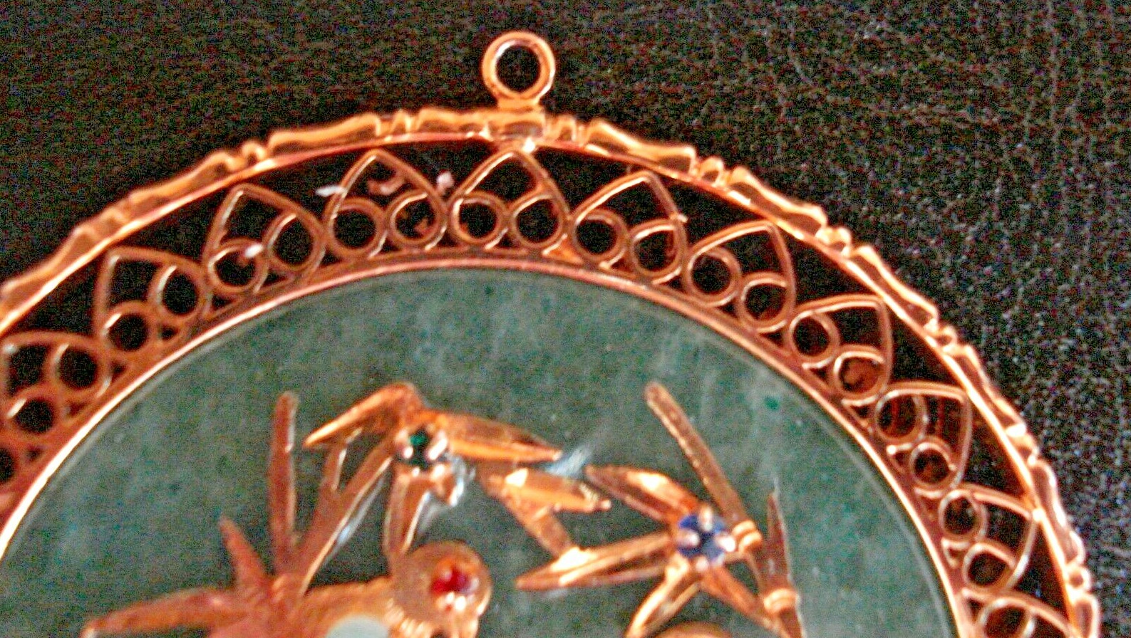 RARE Beautiful Vtg. Chinese Gold-Pl Jade & Gemstone Bird Pendant