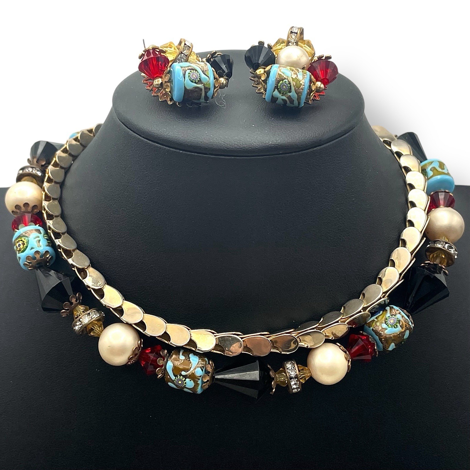 Vintage Demi Parure MILLEFIORI GLASS Beads Chain Necklace Earrings Italy READ