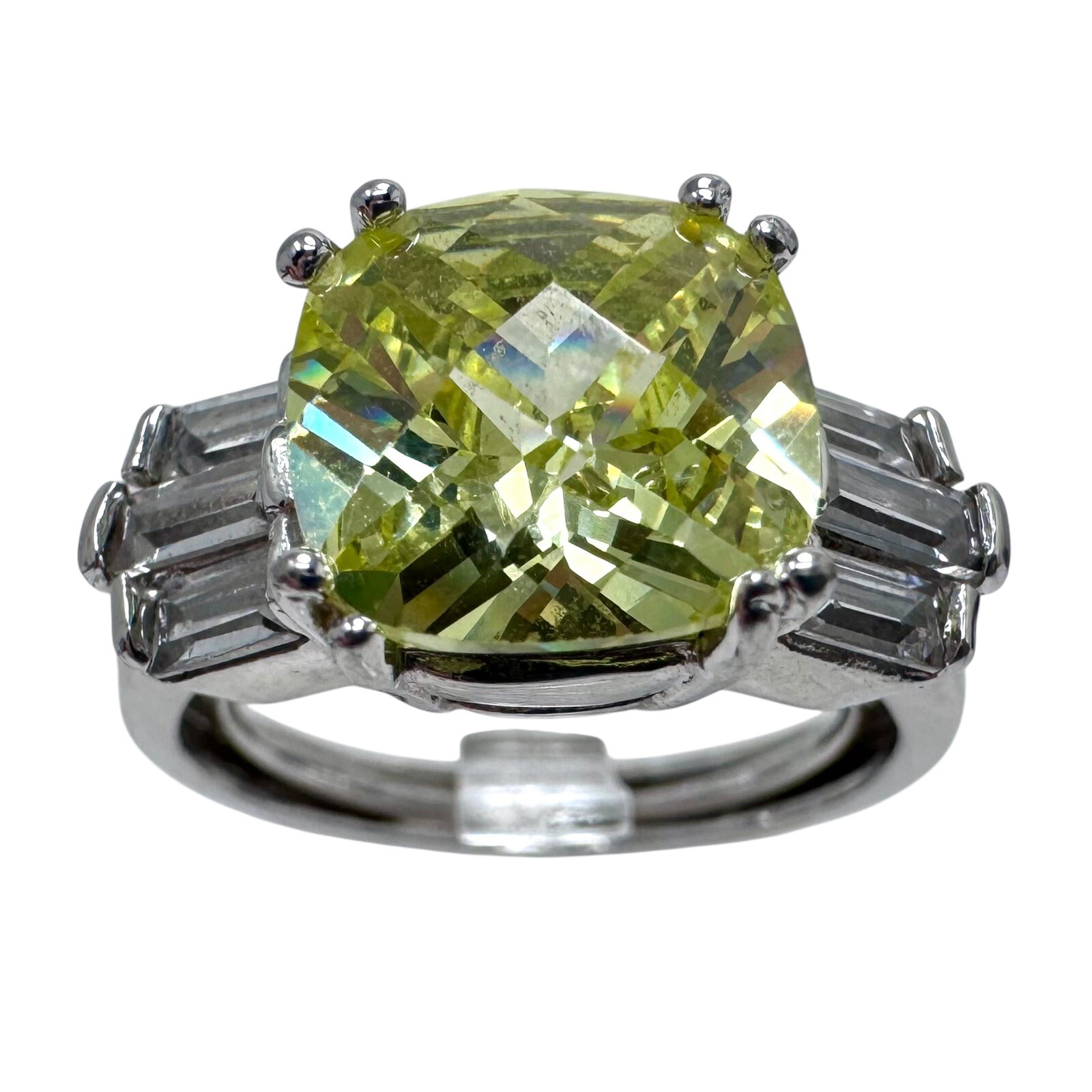 Vtg NV Nevada Silver Mine Silver Tone Green Cushion Cut Glass Cocktail Ring 8.5