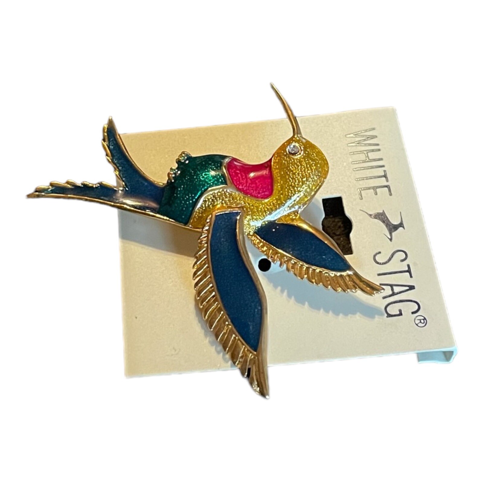 VTG Women’s White Stag Multi Color Enamel Hummingbird Broach Pin Fashion Jewelry