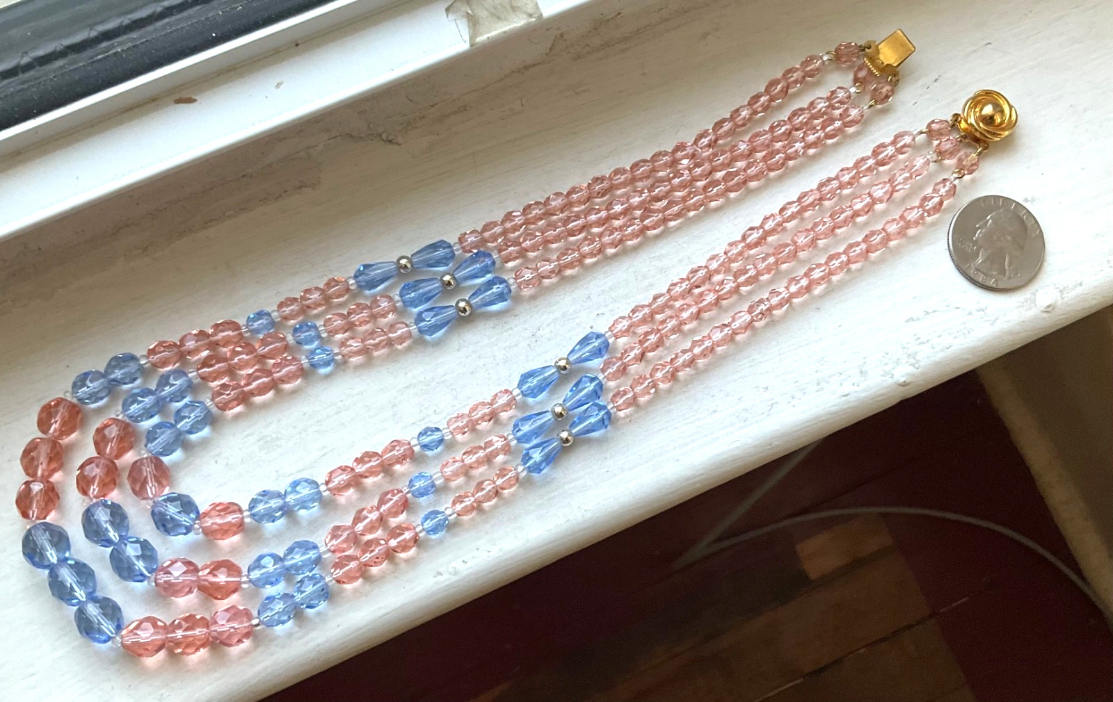 Vintage TRIPLE STRAND AUSTRIAN Blue Pink CRYSTAL GLASS BEADS FACETED