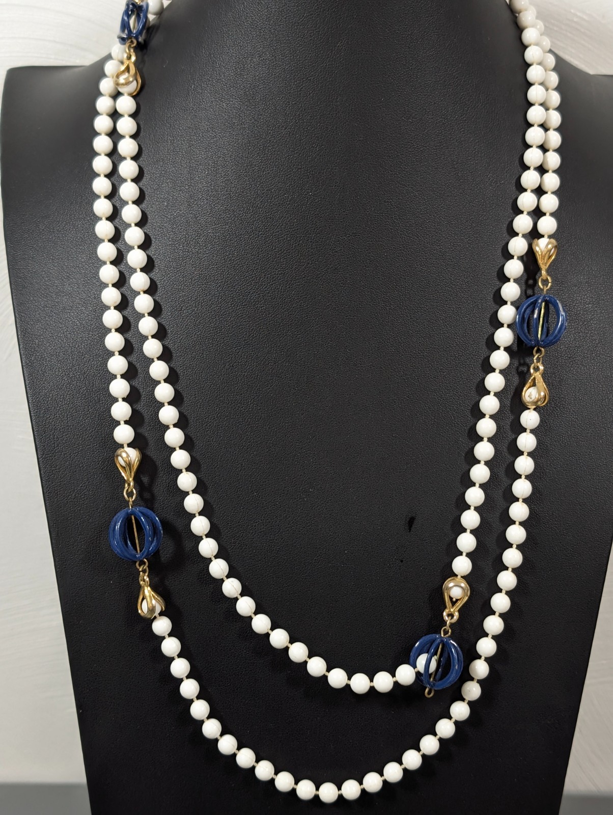 Vintage White Beaded Very Long Necklace Blue Accent Layering 54 in Opera