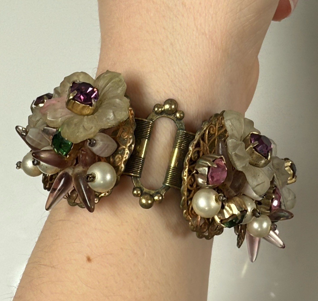 Antique Flower Glass Beaded Rhinestone Panel Bracelet 7″ Chunky 3D Book Chain