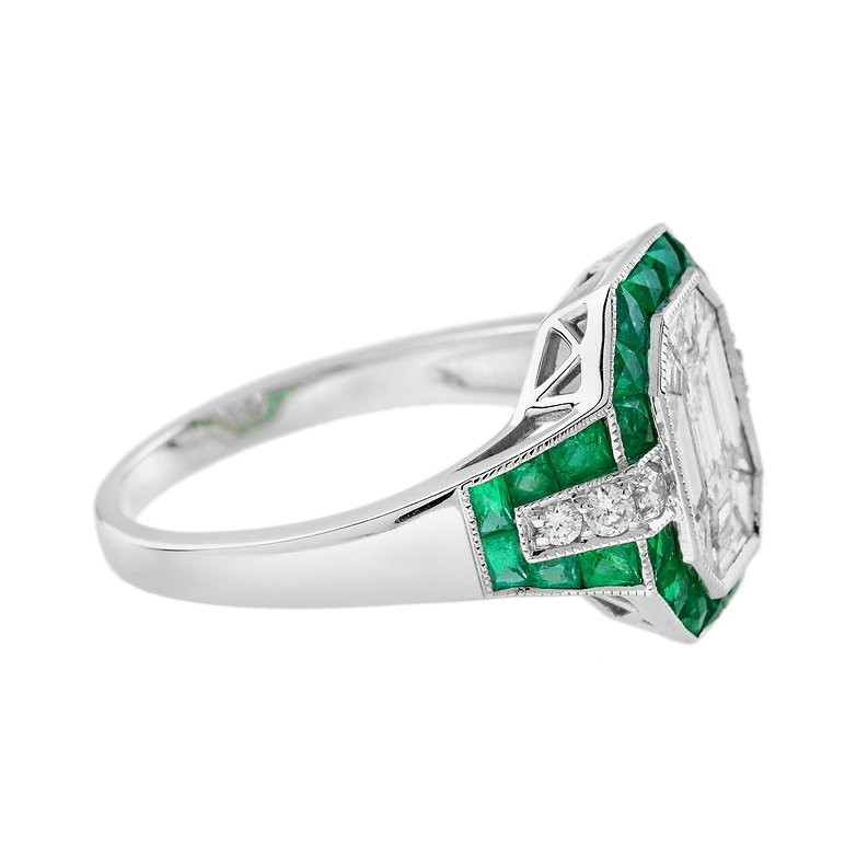 Art Deco 3Ct Lab Created Diamond and Emerald Anniversary 14K White Gold FN Ring