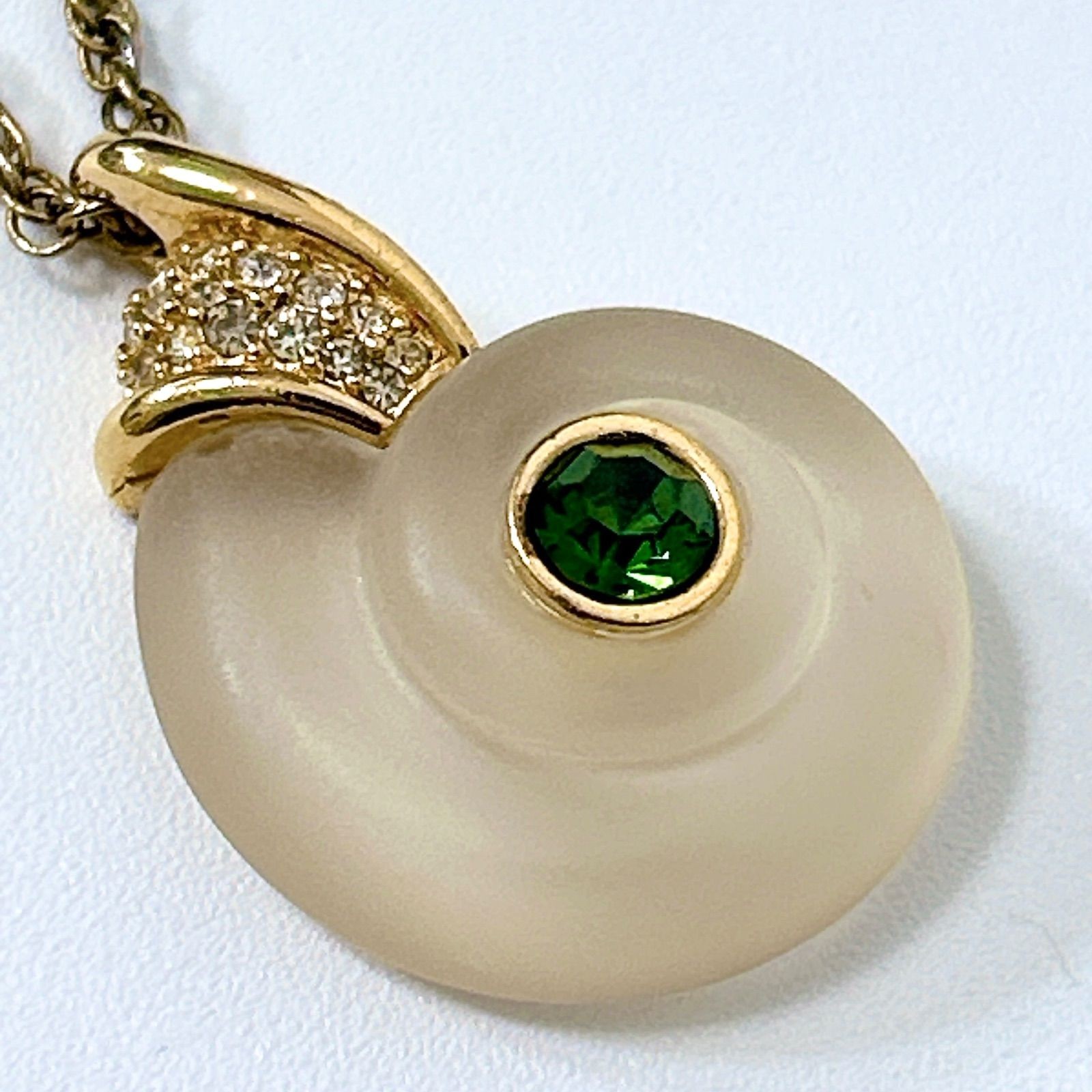 Givenchy Vintage Green Stone Snail Pendant CZ Necklace 45 to 52cm Auth