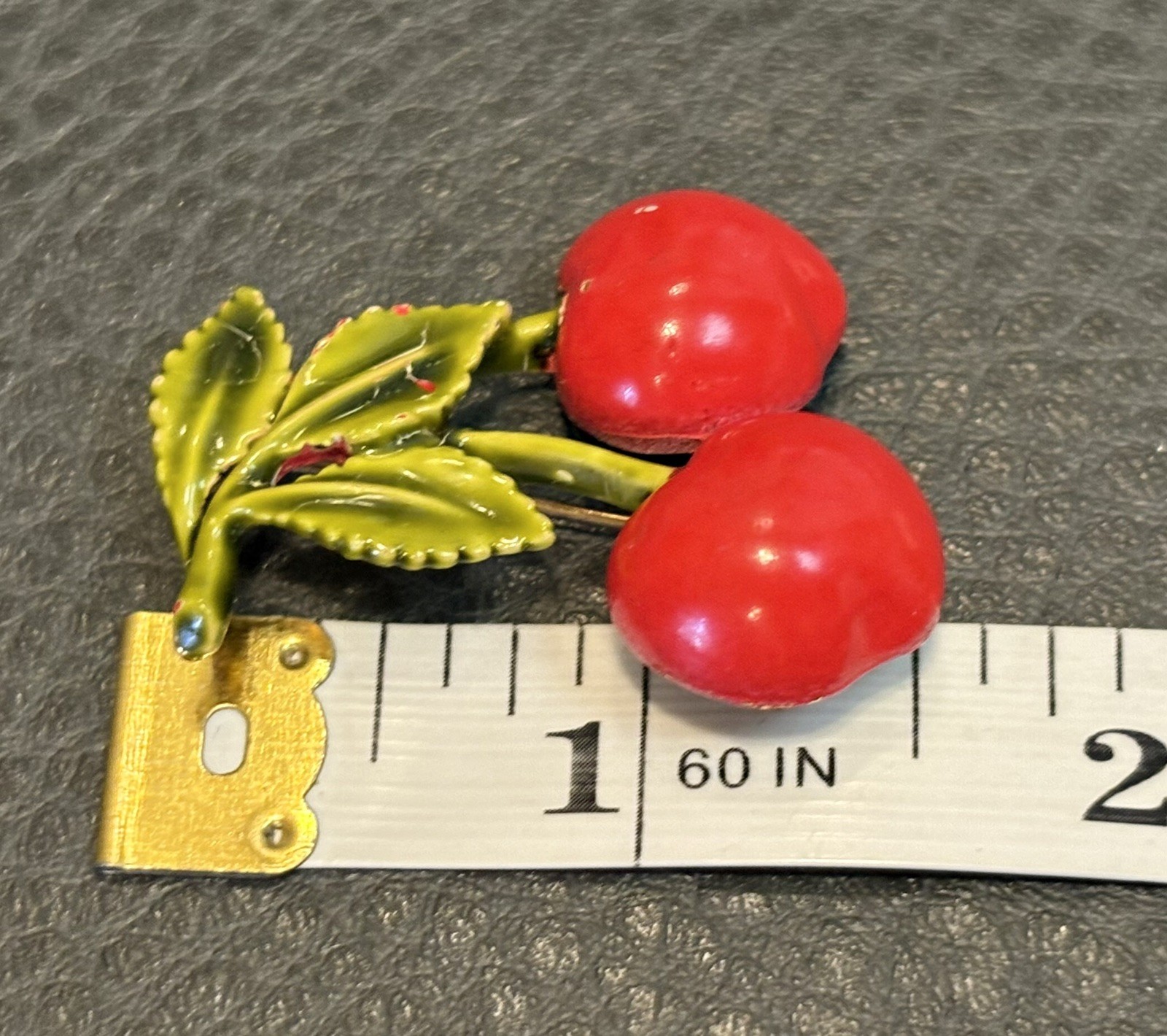 Vintage Enamel Red Green Cherry Brooch Gold Tone Pin