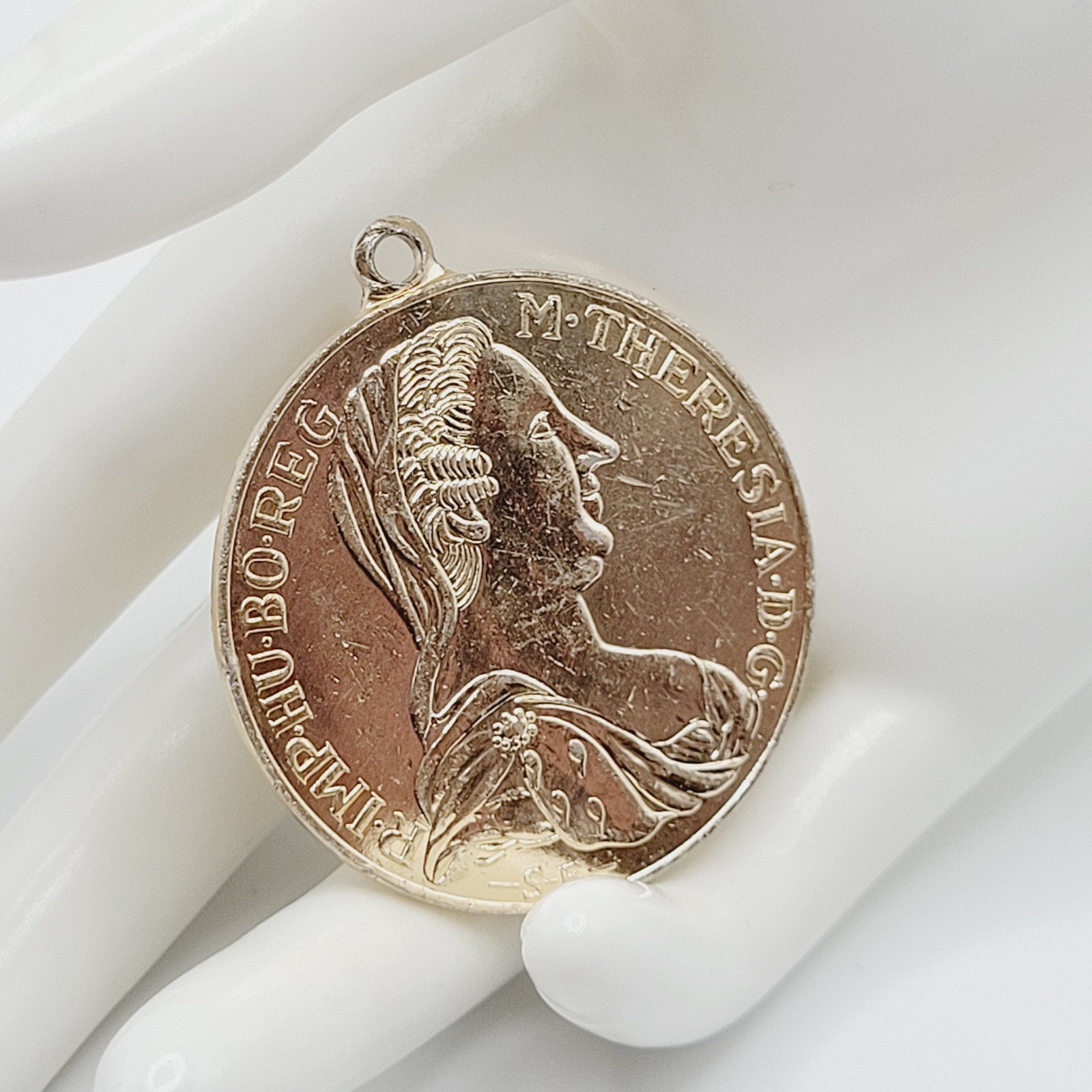 Maria Theresa Replica Token Medallion Coin Pendant Gold Tone Attached Bail