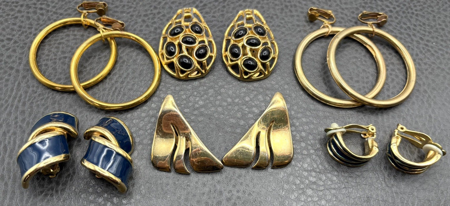 VINTAGE 60’s – 80’s Gold Tone EARRINGS Hoops 1 Monet Enamel CLIP LOT READ