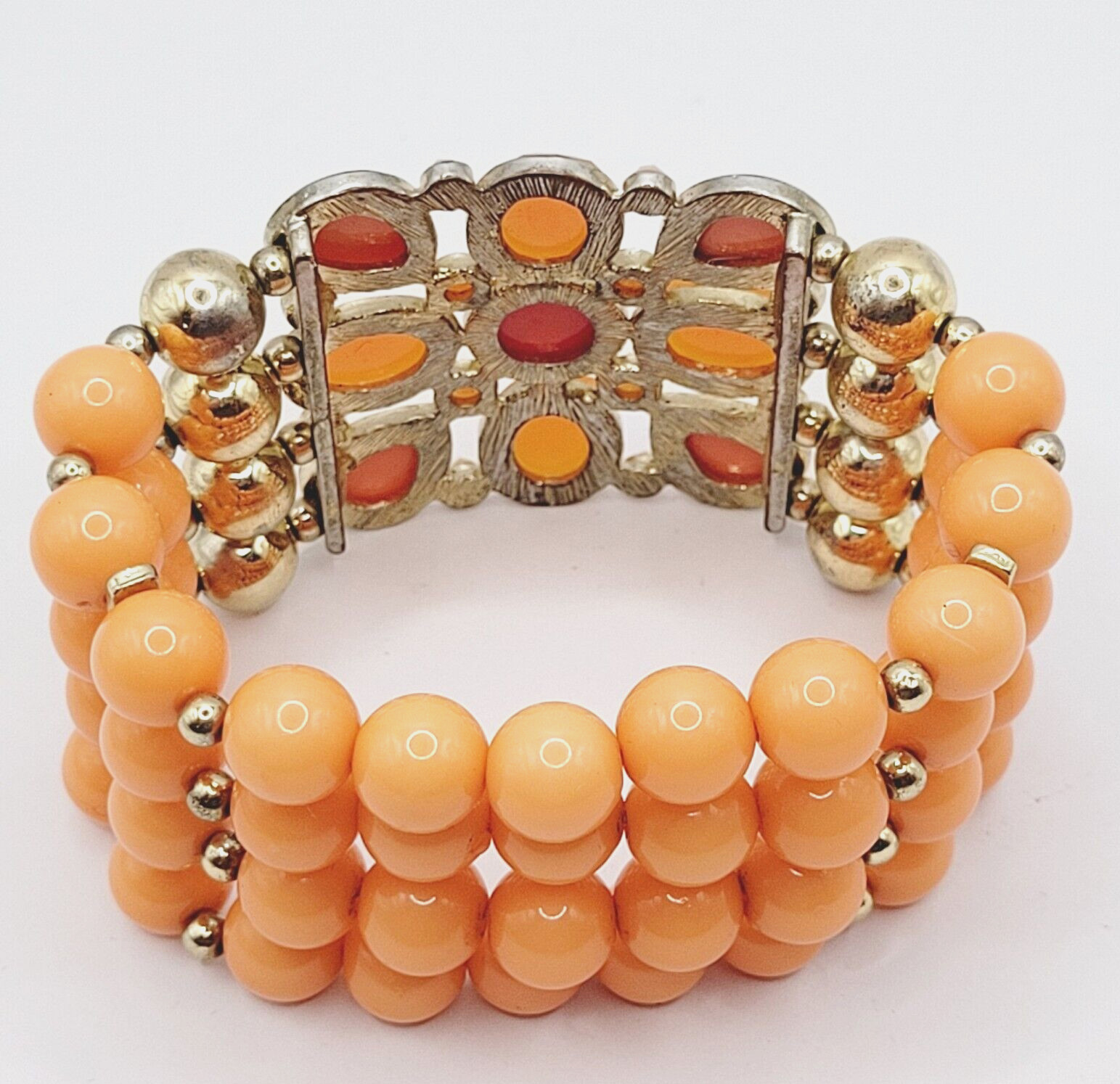 Orange Sherbet Melon Shade Wide Chunky Stretch Beaded Bangle Vintage Bracelet