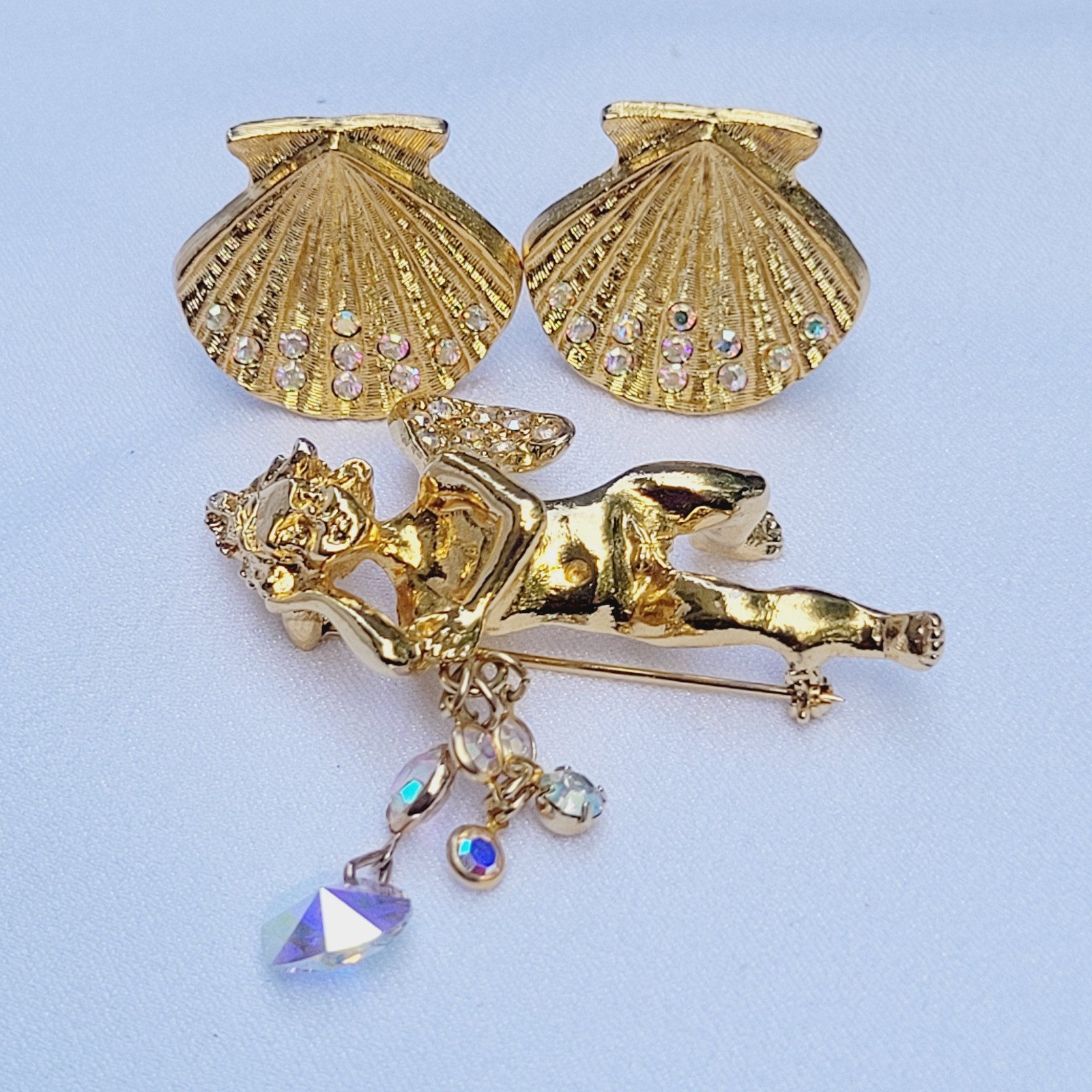 Kirks Folly Angel Brooch & Scallop Seashell Earrings Clip On Goldtone Crystals