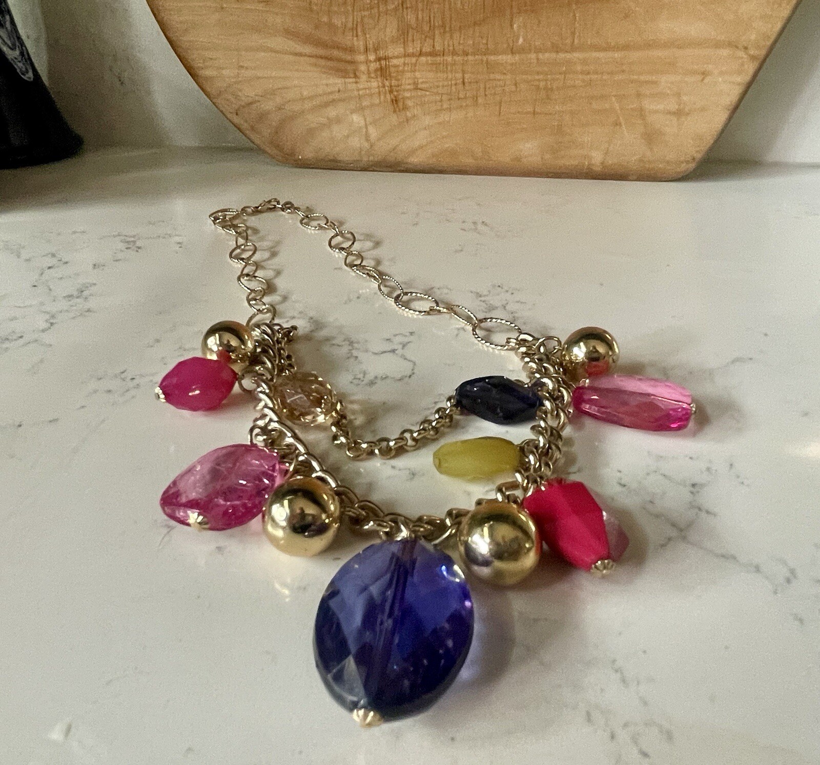 Bright Pastel Multi-Colored Faceted Faux Gem Gold Tone Double Chain Necklace 20”