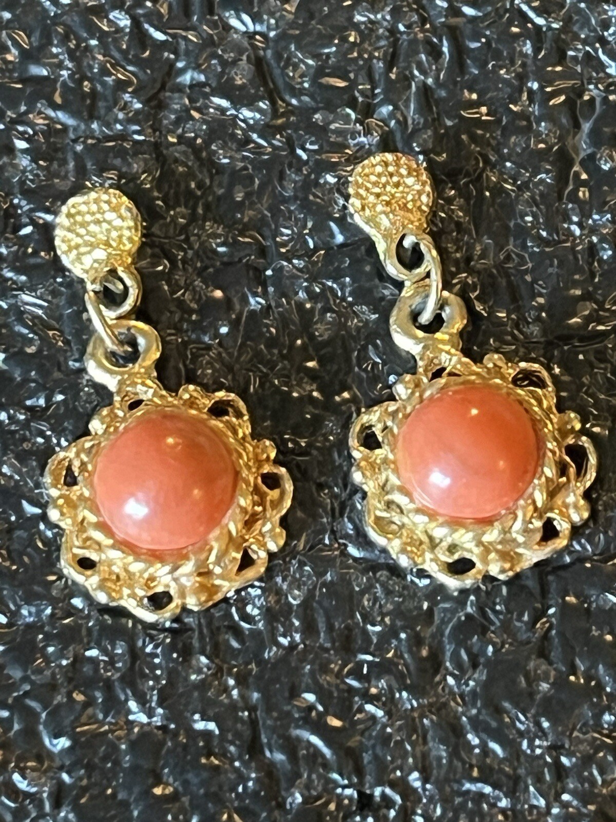 Pierced Earrings. Unknown Metal Or Stones Corral Color Stone Gold Tone Metal
