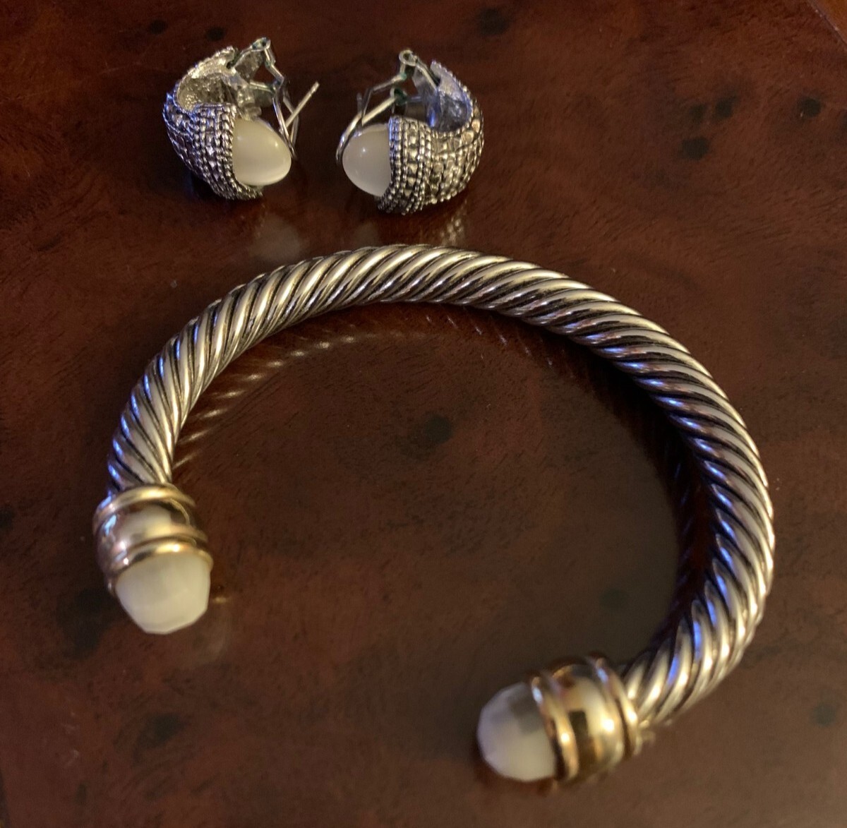 Vintage Silver Tone Cuff Bracelet and Earring Set with White Stone