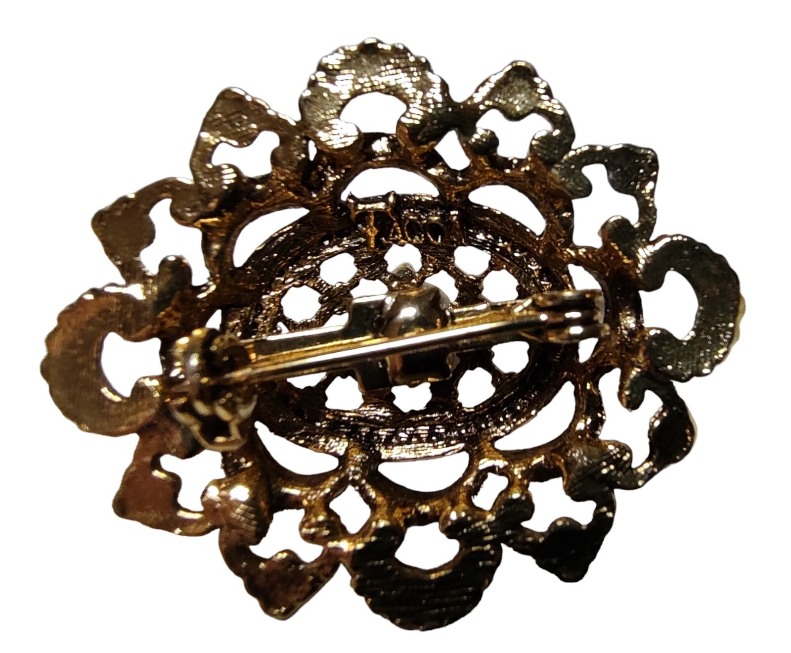 Vintage Tacoa Raised Relief Brooch Pin Faux Pearl Floral Filigree Gold Tone Oval