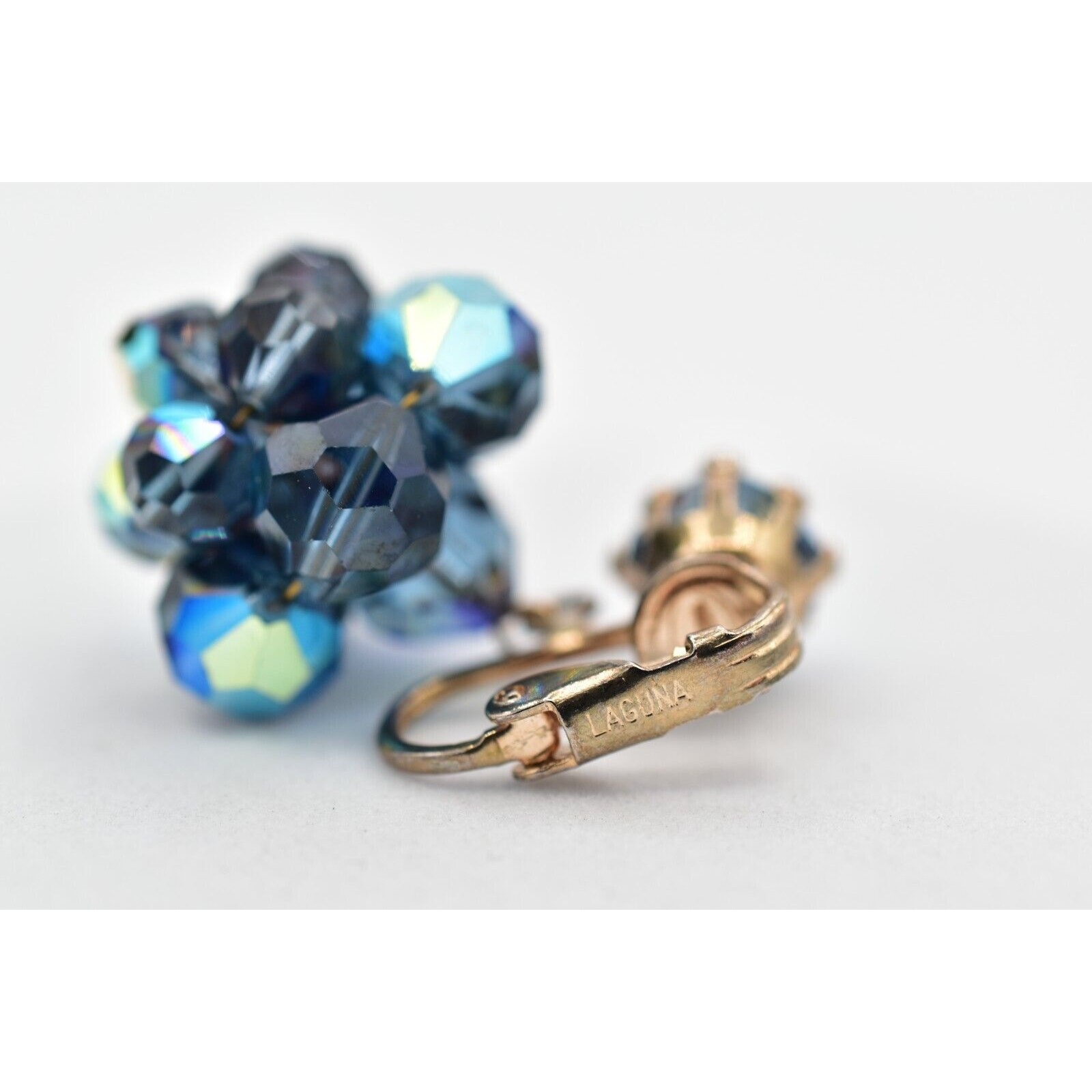 Laguna Vintage Clip On Crystal Earrings Dangle Navy Blue Drop Signed 1950s A24