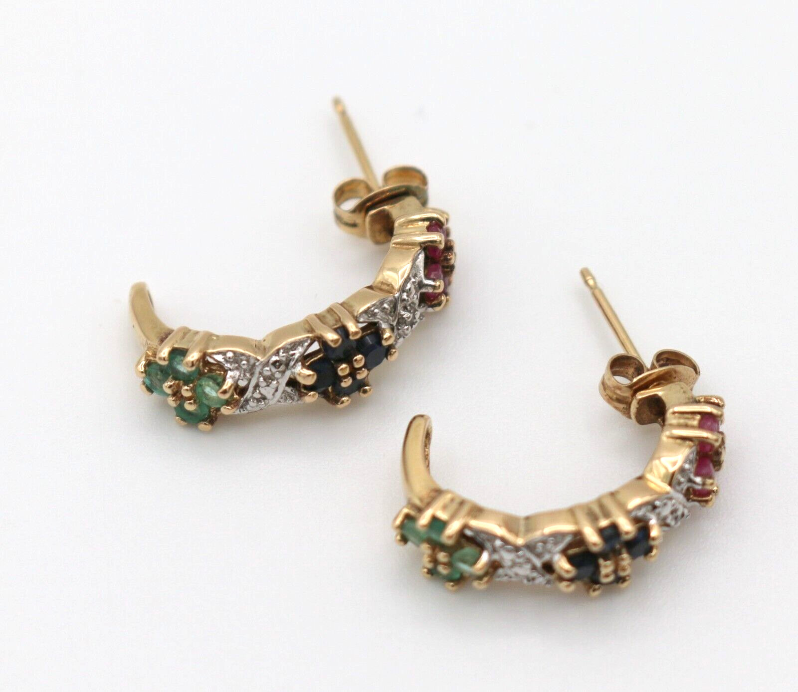 VTG Ross Simons Sterling Silver 925 Vermeil Ruby Sapphire Emerald Hoop Earrings