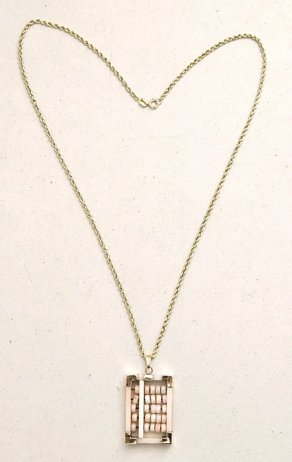 Vintage 14K Gold Angel Skin Coral Abacus Pendant 2mm Rope Chain Necklace 18-3/4″
